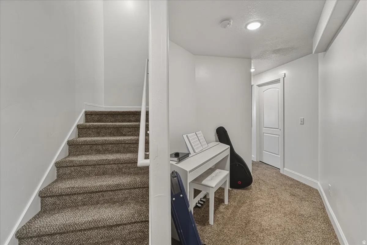Carpeted staircase with white handrail leading to an upper level