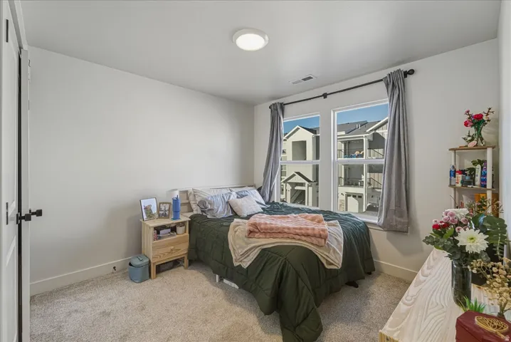 Neutral wall paint, ceiling-mounted light fixture, light-colored carpet, and windows with black curtain rods