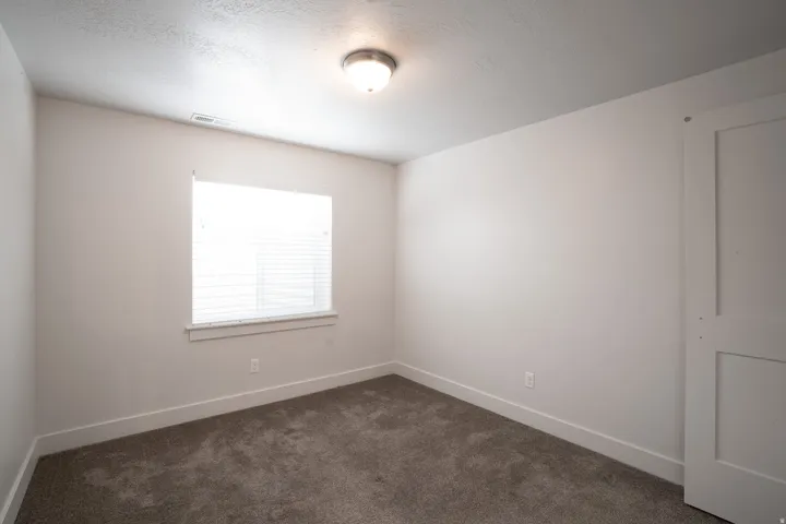 Neutral tone wall paint, carpet flooring, flush mount ceiling light, single window with blinds, and a white panel door