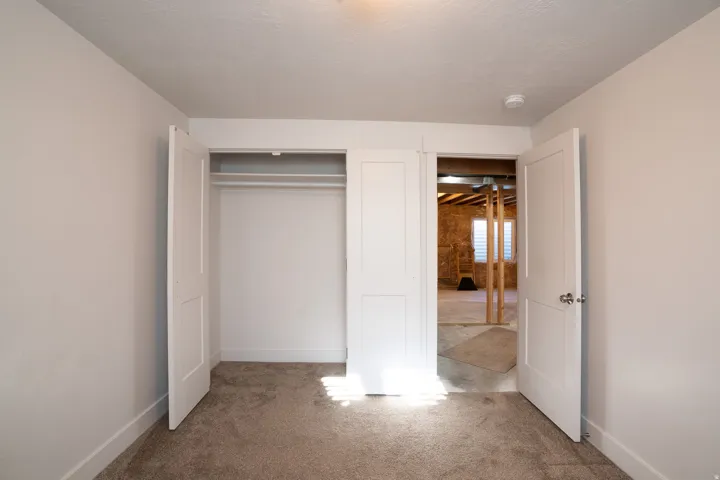 White interior doors, neutral wall paint, and carpet flooring