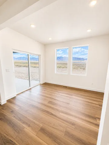 Recessed lighting illuminating wood-finish flooring