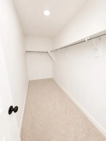 Walk-in closet featuring light-colored carpeting, white walls, built-in shelving, and recessed lighting