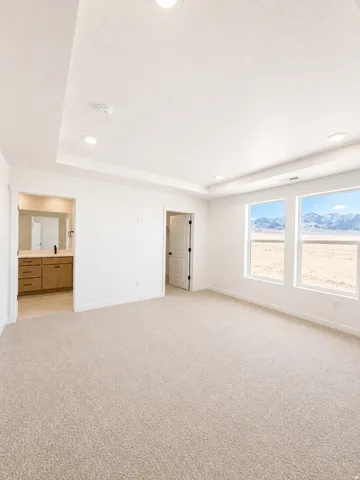 Spacious room featuring a tray ceiling, recessed lighting, carpet flooring, multiple windows, and an en-suite with wood-finish cabinetry