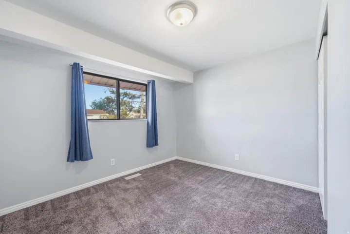 Ceiling-mounted light fixture, dual-pane window, and textured carpeting