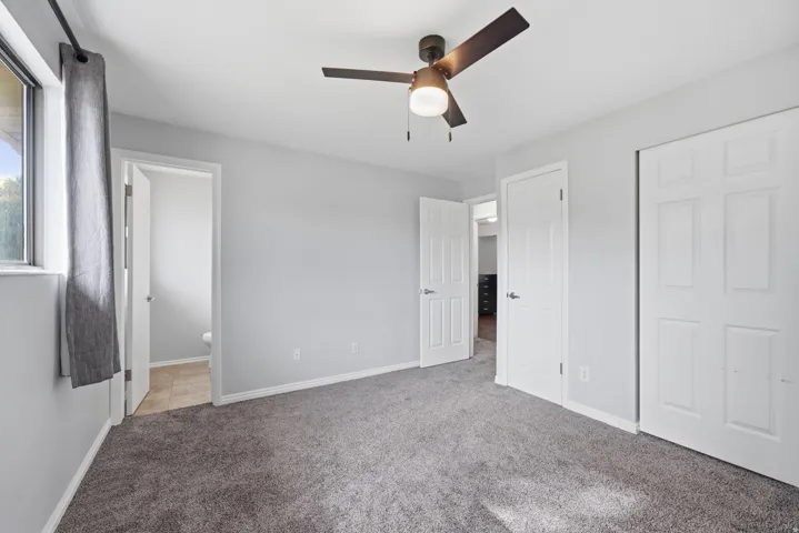 Plush carpeting, a ceiling fan with integrated lighting, and multiple paneled doors