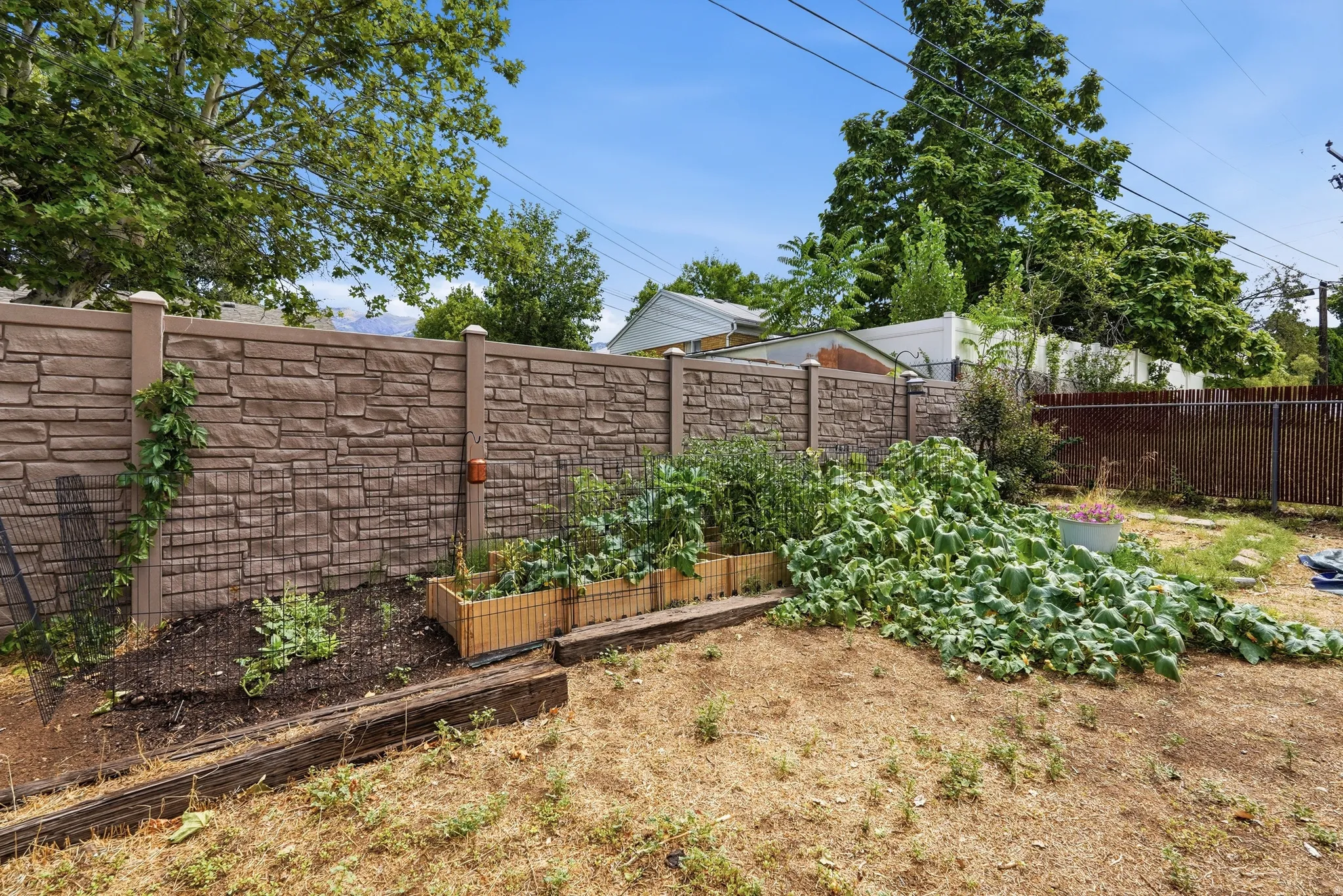 Raised garden beds with established plantings, stone-look privacy fencing, and wood-finish garden borders