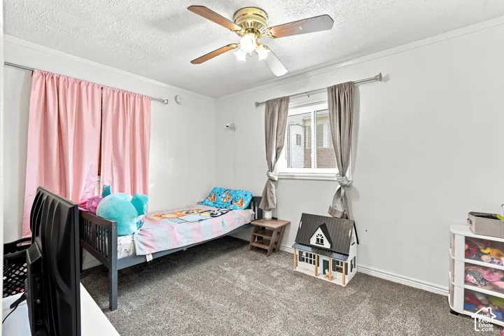 Neutral-toned wall-to-wall carpeting, ceiling fan with integrated lighting, and horizontal sliding window