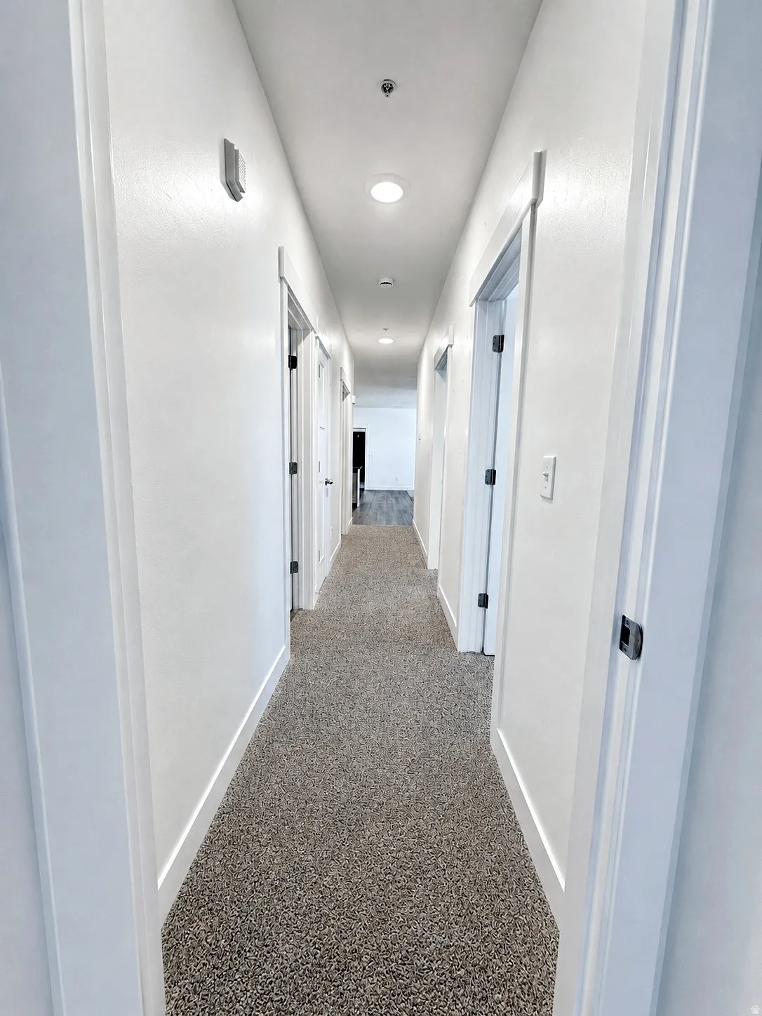 Recessed ceiling lighting, white interior doors, modern door hardware, white trim, and gray speckled carpeting