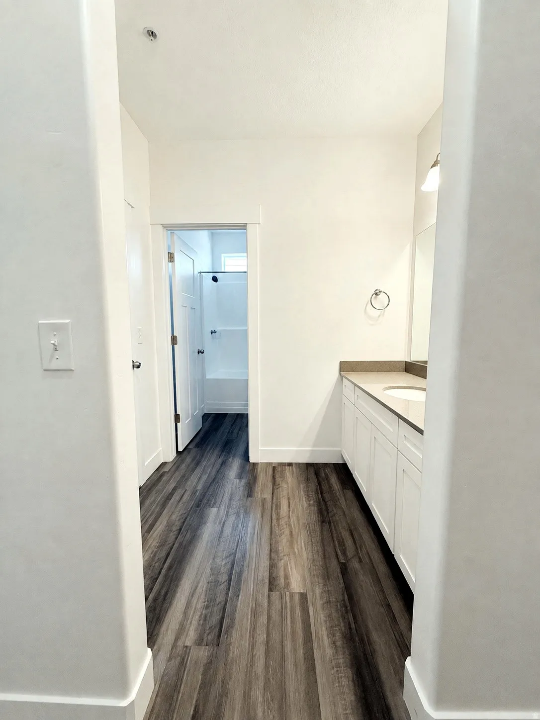 Wood-finish flooring throughout, white vanity with dual undermount sinks, and a built-in shower/tub combination