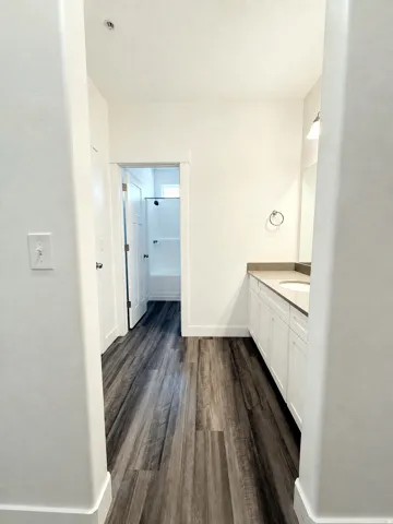 Wood-finish flooring throughout, white vanity with dual undermount sinks, and a built-in shower/tub combination