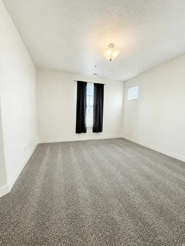 Expansive room featuring plush gray carpeting, white walls, and a semi-flush mount ceiling light fixture