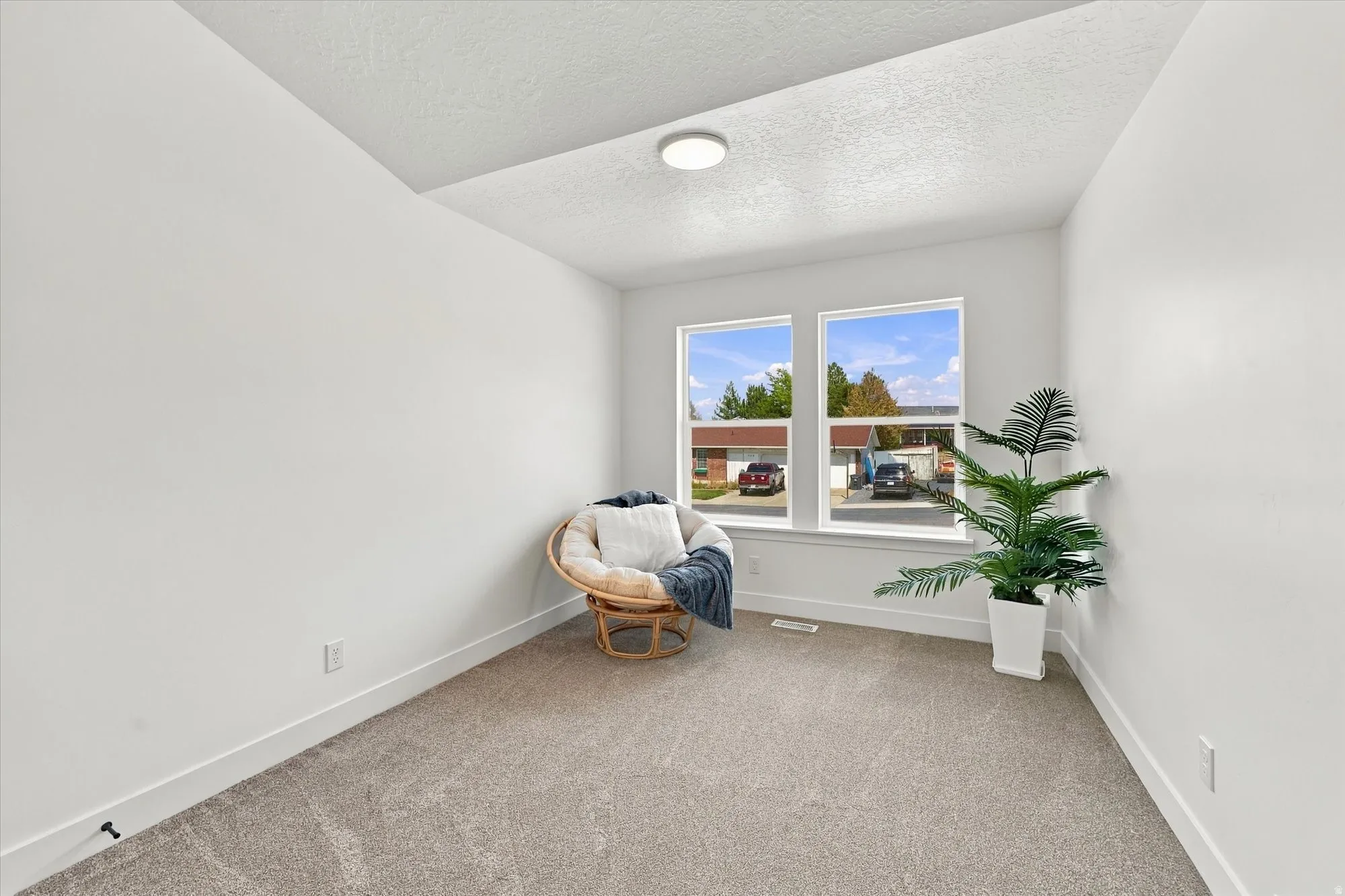 Recessed ceiling detail, two large windows, flush-mounted ceiling light fixture, and neutral carpeting