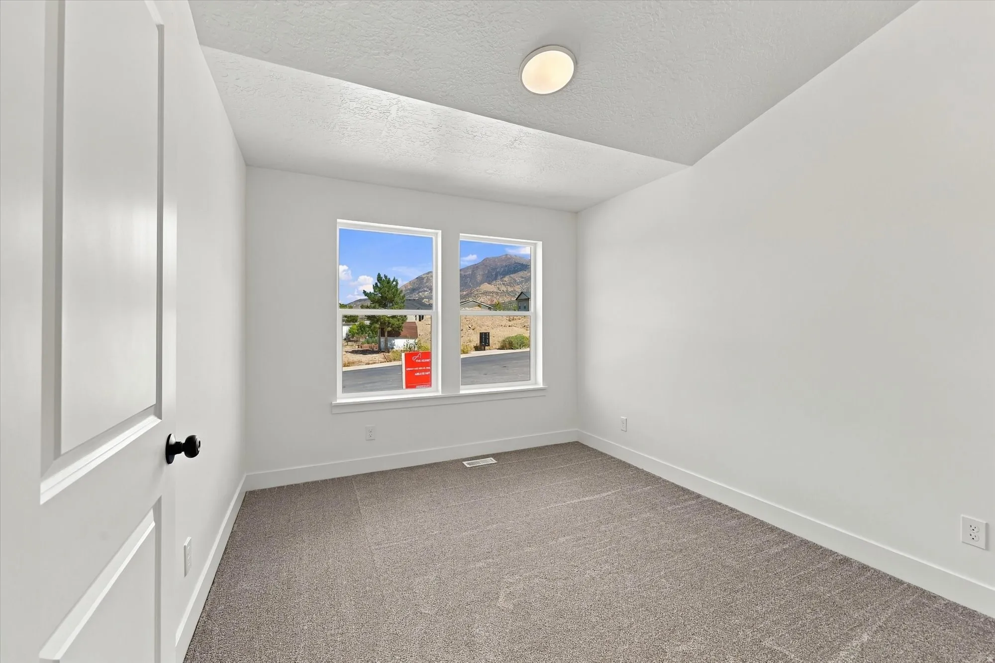 Recessed ceiling with flush mount lighting, white walls, two pane windows, gray carpet, and white trim