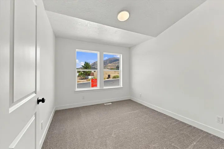 Recessed ceiling with flush mount lighting, white walls, two pane windows, gray carpet, and white trim