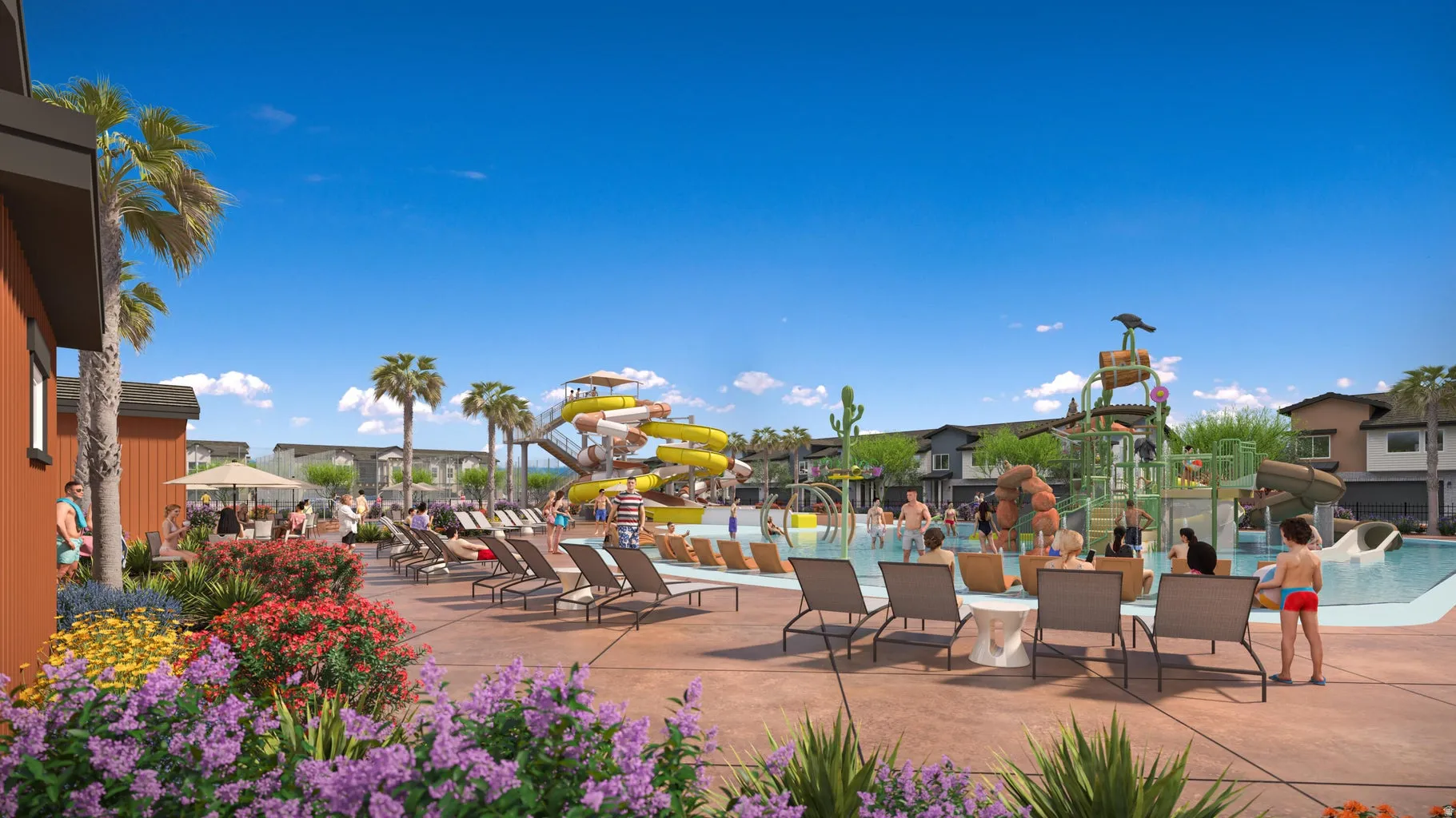 Outdoor leisure area featuring a water park, swimming pool, and lounge seating