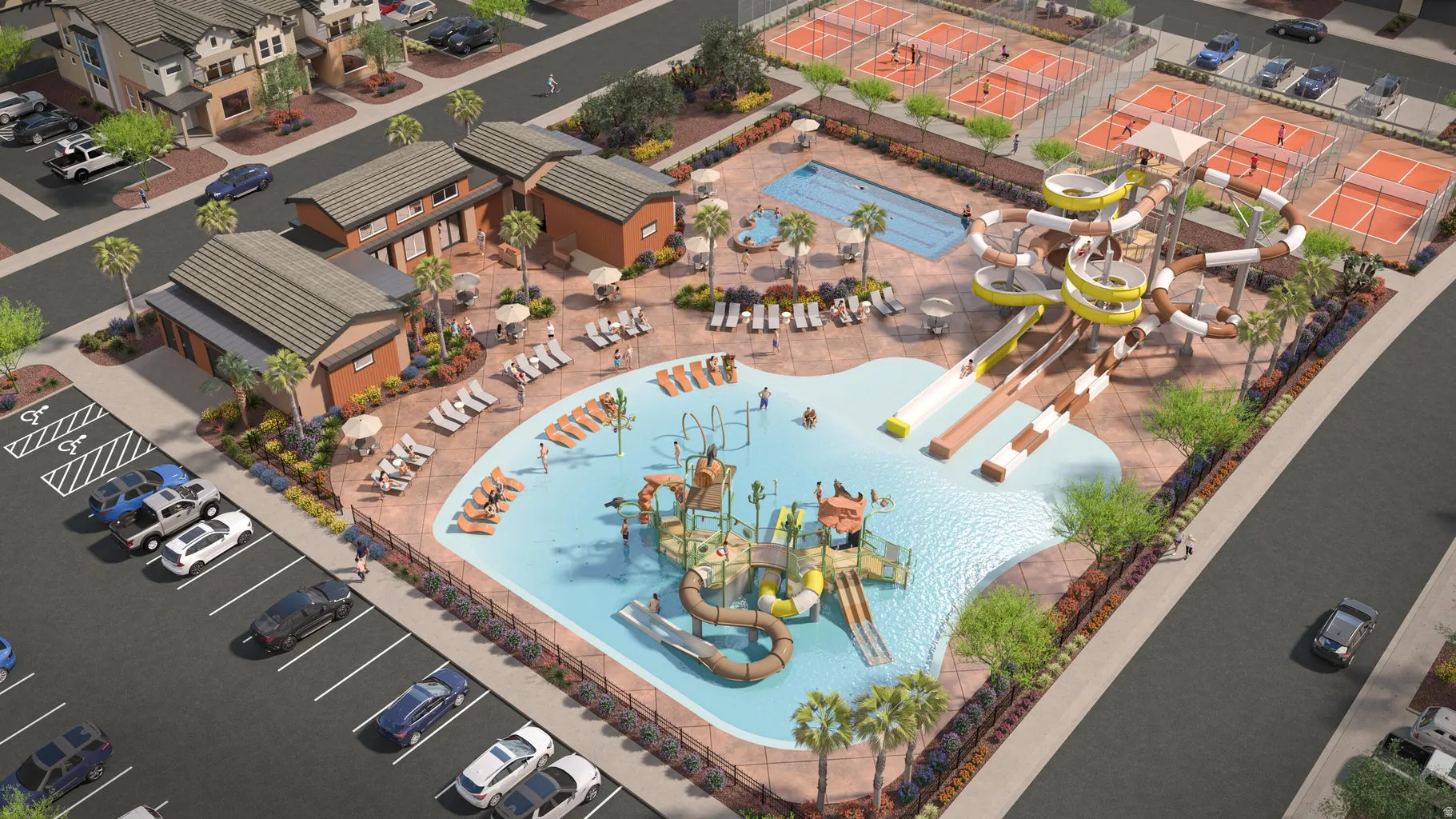 Resort-Style Community Amenities featuring an expansive zero-entry splash pad with interactive water features, surrounding sun loungers and cabanas, resort-style heated pool with shallow entry areas, multiple shade structures, and adjacent recreational fa