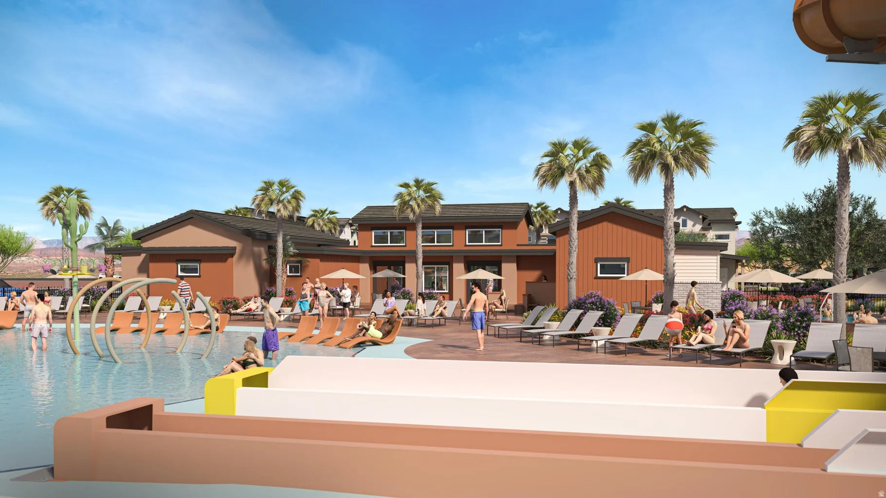 Expansive pool deck featuring a water play area, multiple lounge chairs, and mature palm trees