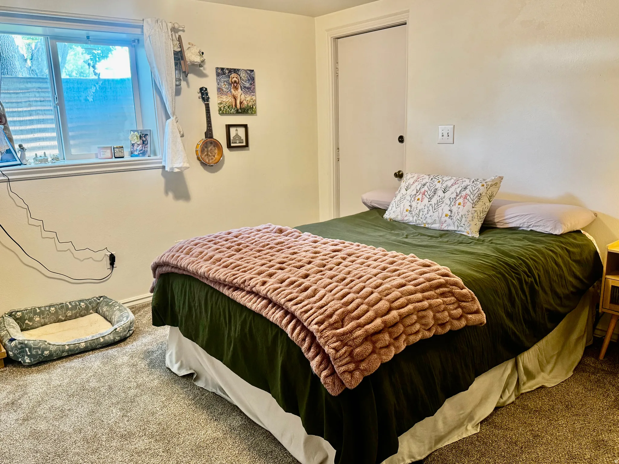 Carpeted flooring, white walls, and a window with a valance