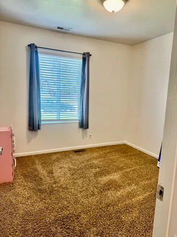 Carpeted room with a window featuring horizontal blinds and a flush mount ceiling light