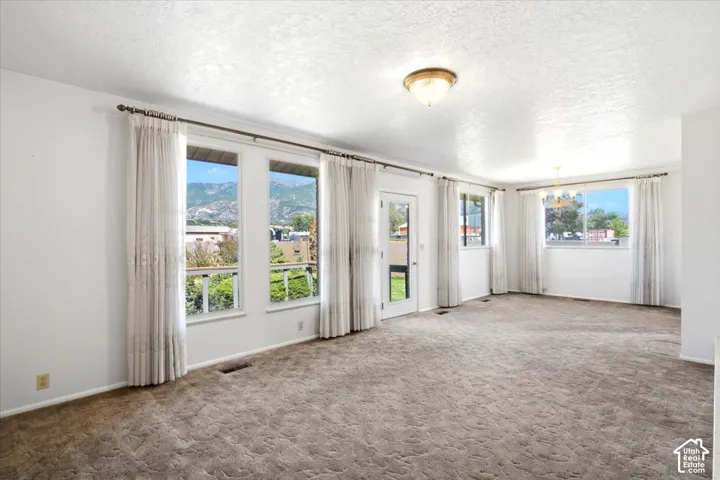 Expansive room with neutral carpeting, multiple large windows, and a glass-paneled exterior door