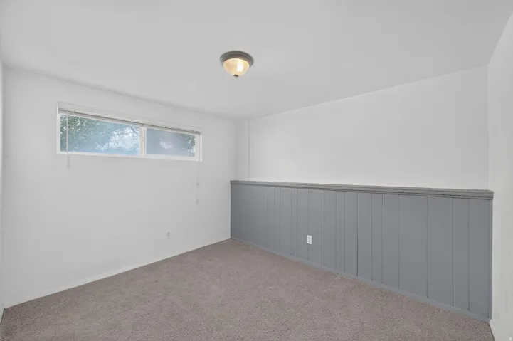 Carpeted flooring with a low-profile window and flush-mount ceiling light