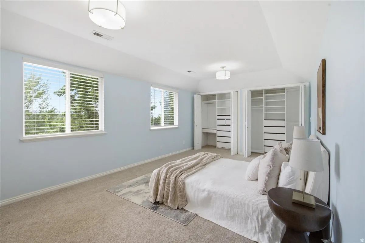 Carpeted flooring, multiple windows, built-in closet systems, and ceiling-mounted lighting fixtures