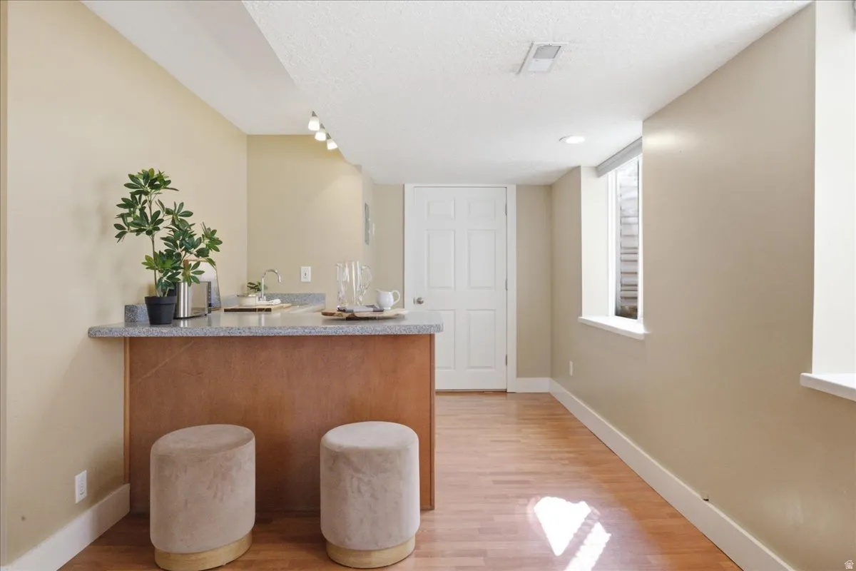 Wood-finish flooring, built-in wet bar with sink, recessed lighting, track lighting, and a paneled entry door