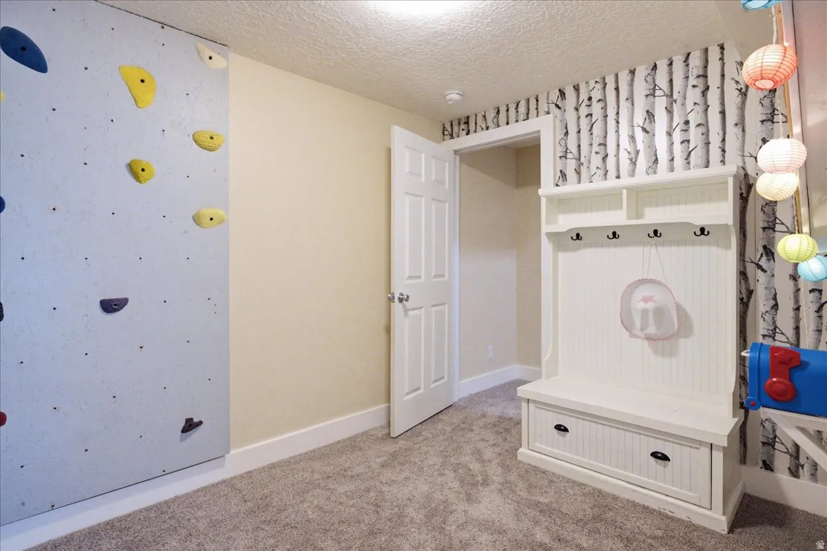 Wall-mounted climbing feature, built-in storage bench with drawer, integrated coat hooks, and textured wall covering