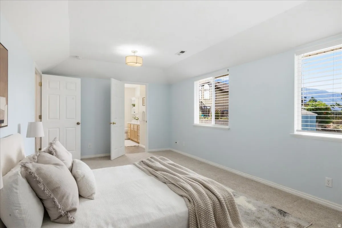 Soft blue wall color with carpeted flooring, two windows with blinds, a ceiling-mounted light fixture, and two panel doors