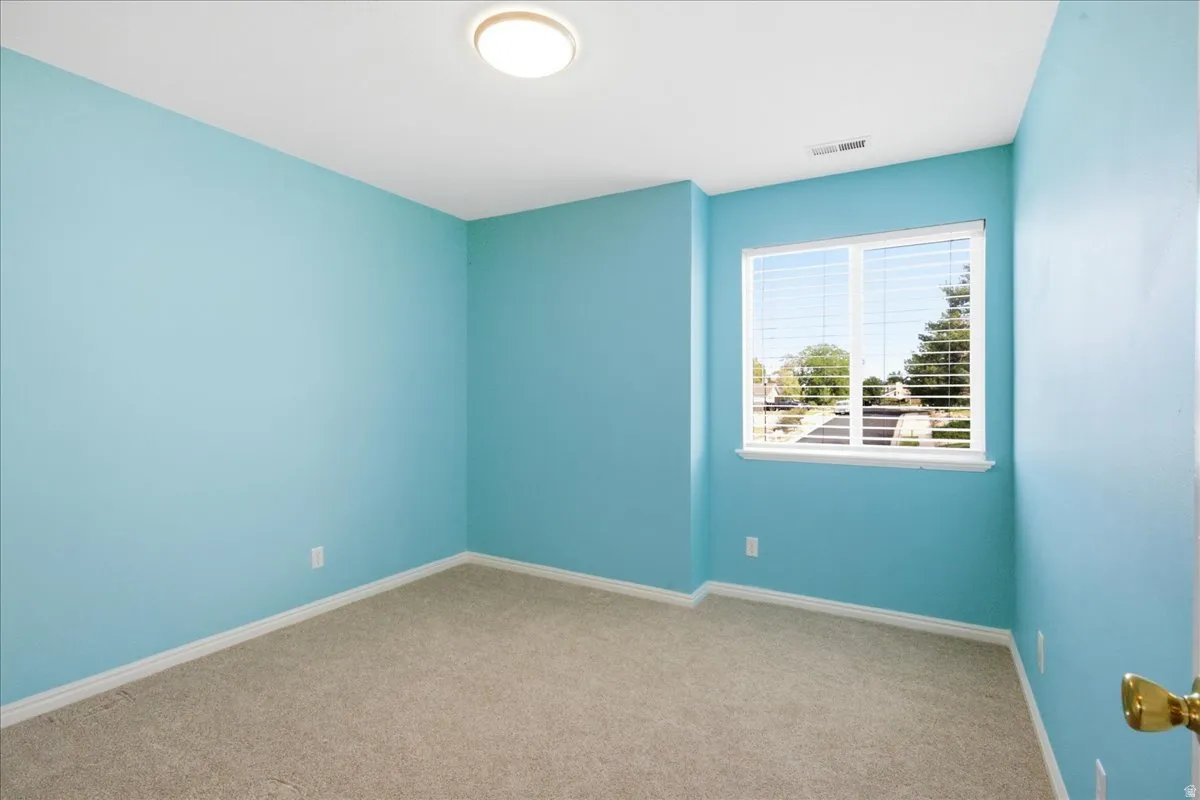 Carpeted room with a single window, white trim, and a flush-mount ceiling light