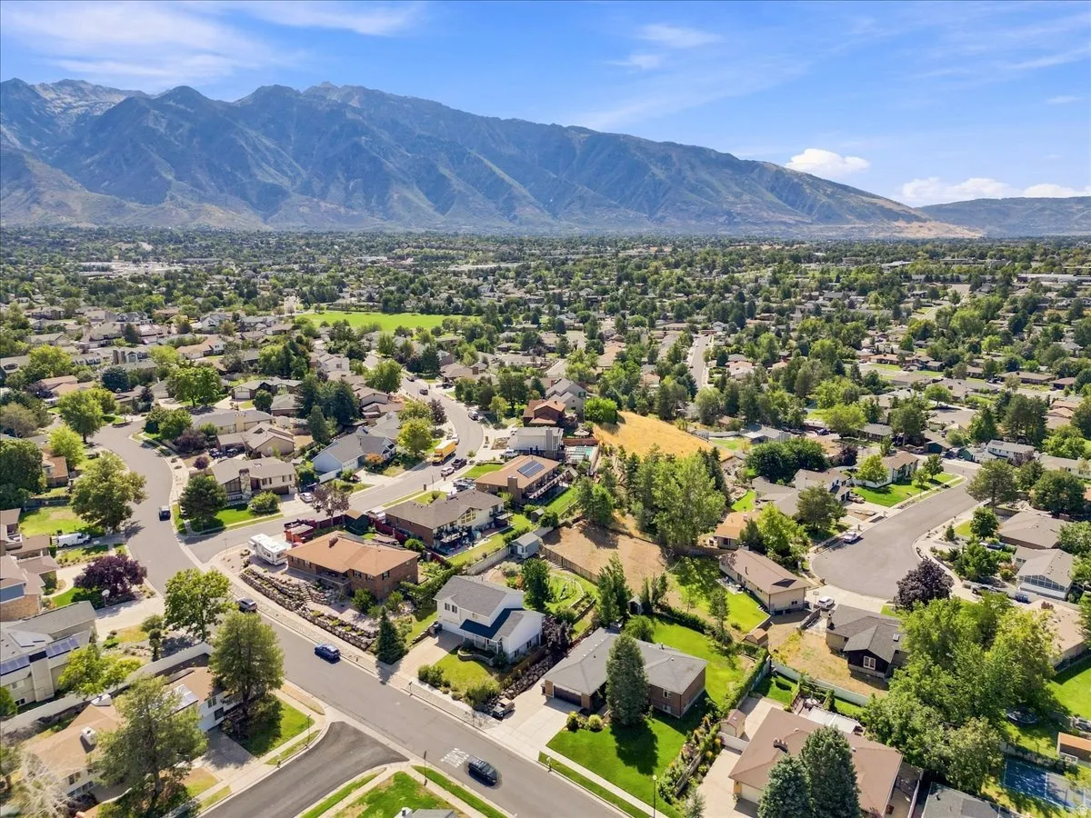 Expansive neighborhood setting with mature trees, established residential properties, and paved streets