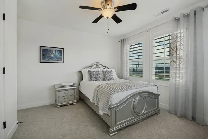 Wall-to-wall carpeting, two panel windows with plantation shutters, ceiling fan with integrated lighting, and a white interior door with black hardware