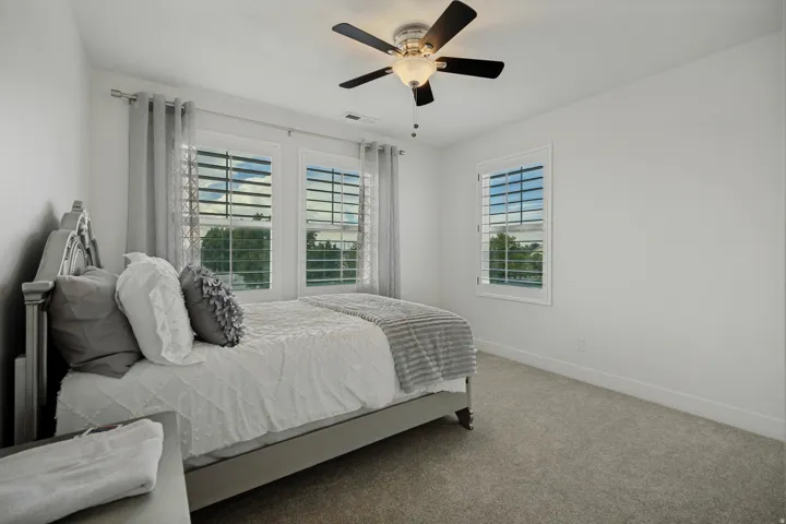 Plush carpet flooring, a ceiling fan with integrated lighting, and multiple windows with plantation shutters