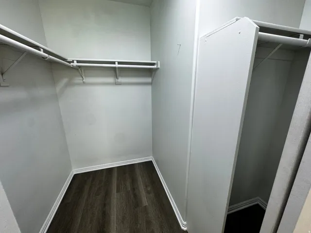 Walk-in closet featuring wood-finish flooring, white walls, and built-in shelving with hanging rods