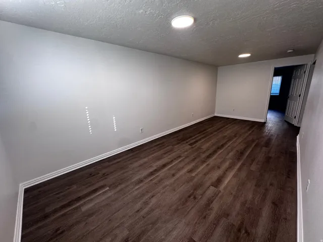 Dark wood-finish flooring, white walls, recessed ceiling lighting, and white trim