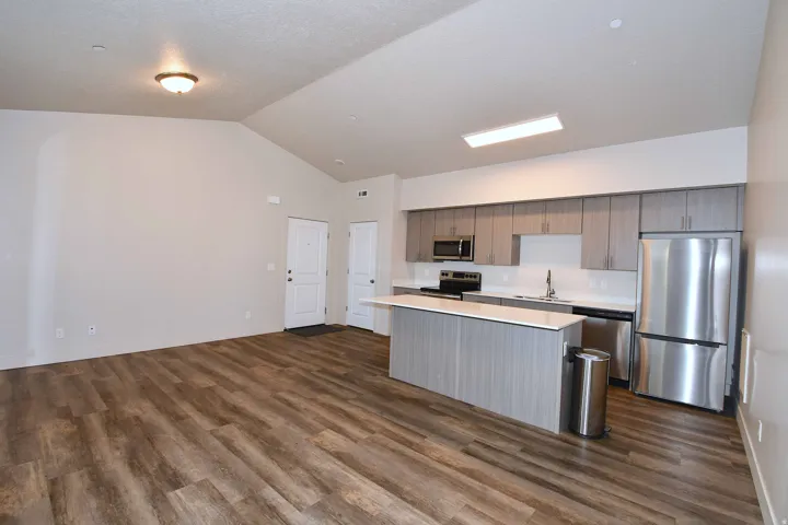 Vaulted ceiling, wood-finish flooring, stainless steel appliances, kitchen island with countertop, and modern cabinetry