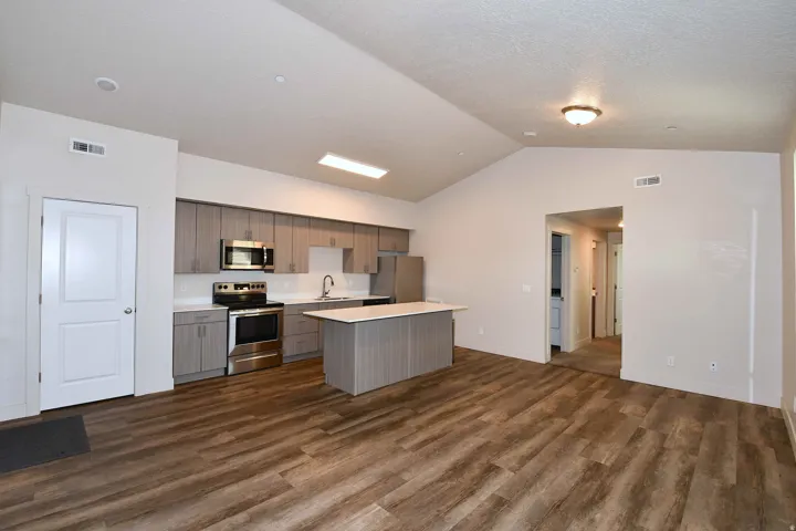 Vaulted ceiling, wood-finish flooring, stainless steel appliances, kitchen island with countertop, and light gray cabinetry