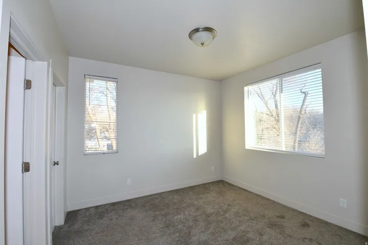 Plush carpet flooring, multiple windows with blinds, and a flush-mount ceiling light fixture