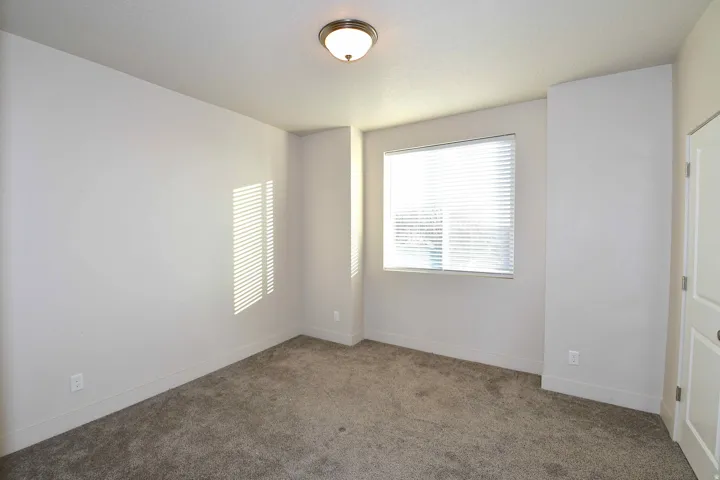 Neutral wall colors, carpeted flooring, a window with horizontal blinds, and a paneled door