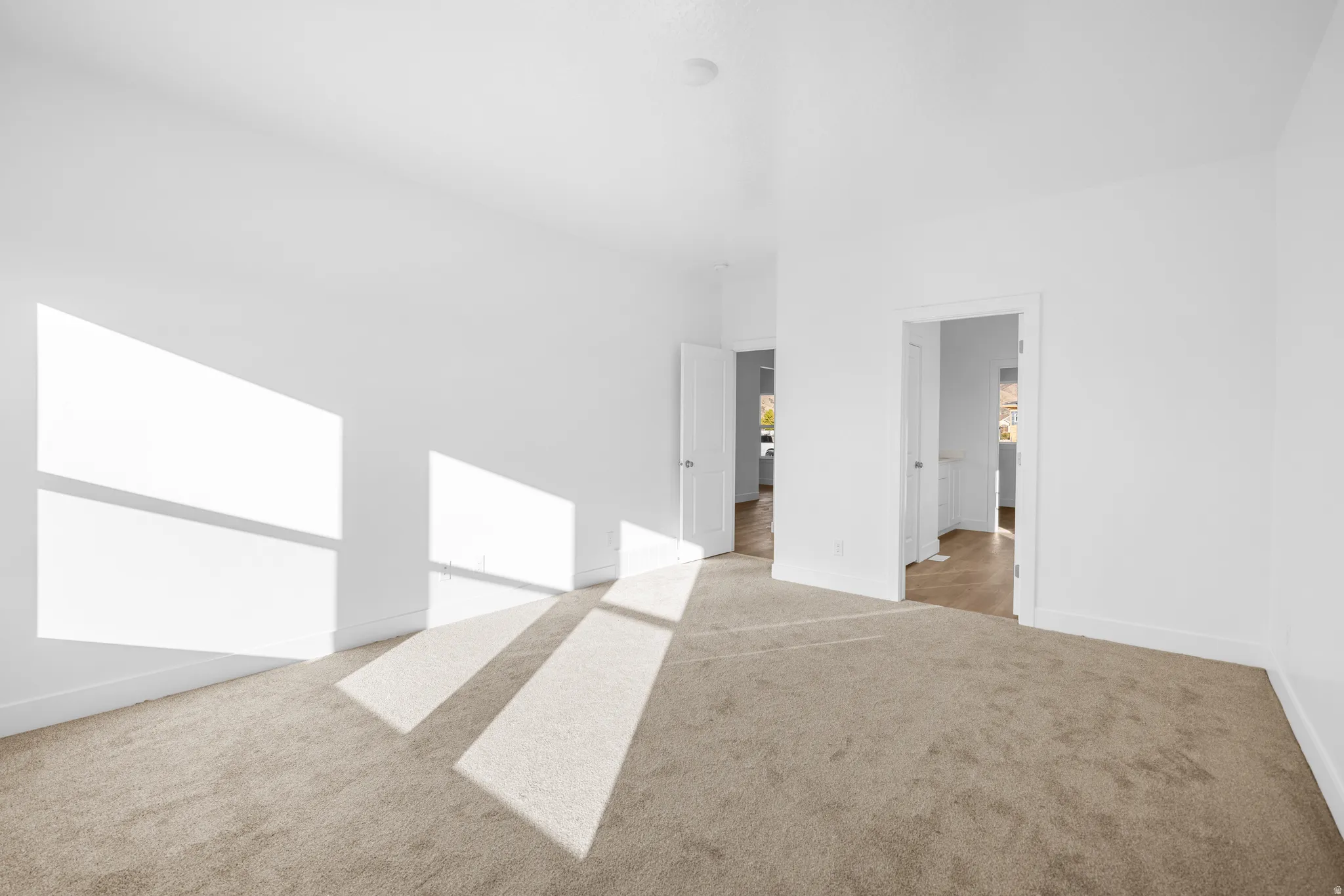 Neutral tone carpeting, white painted walls, and white trim