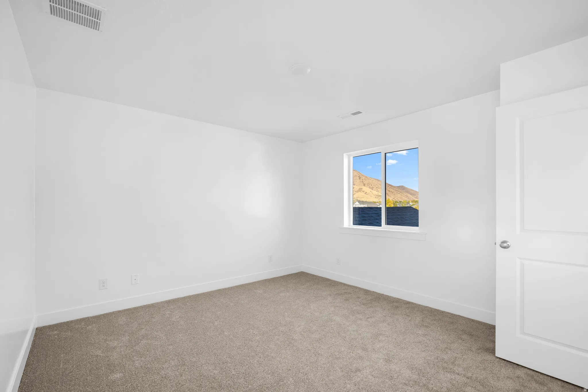 Neutral tone wall paint, carpeted flooring, white trim, and a double-pane window