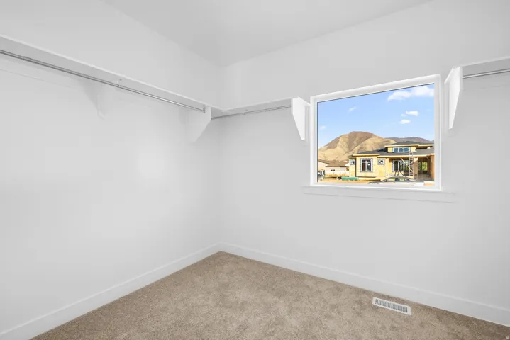Carpeted flooring, white walls, built-in shelving, and a window with mountain scenery