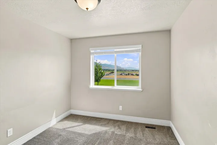 Recessed window with white blinds, neutral wall paint, overhead flush mount light, and gray carpet flooring