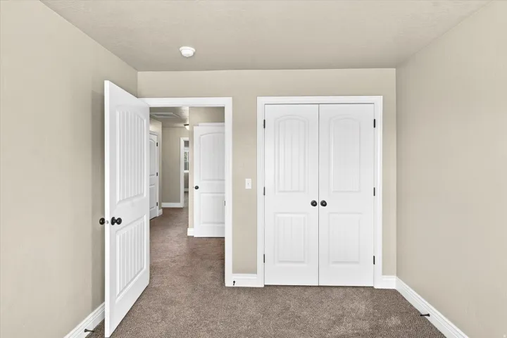 Warm neutral wall color, white trim, and carpeted flooring