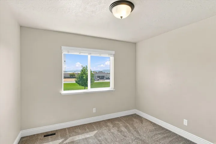Carpeted room with a double-pane window, flush-mount light fixture, and neutral wall tones