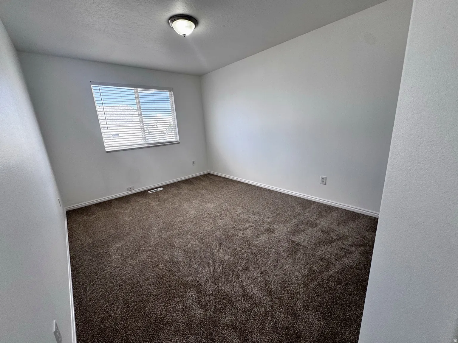 Carpeted flooring, neutral wall tones, window with horizontal blinds, and a flush-mount ceiling light fixture