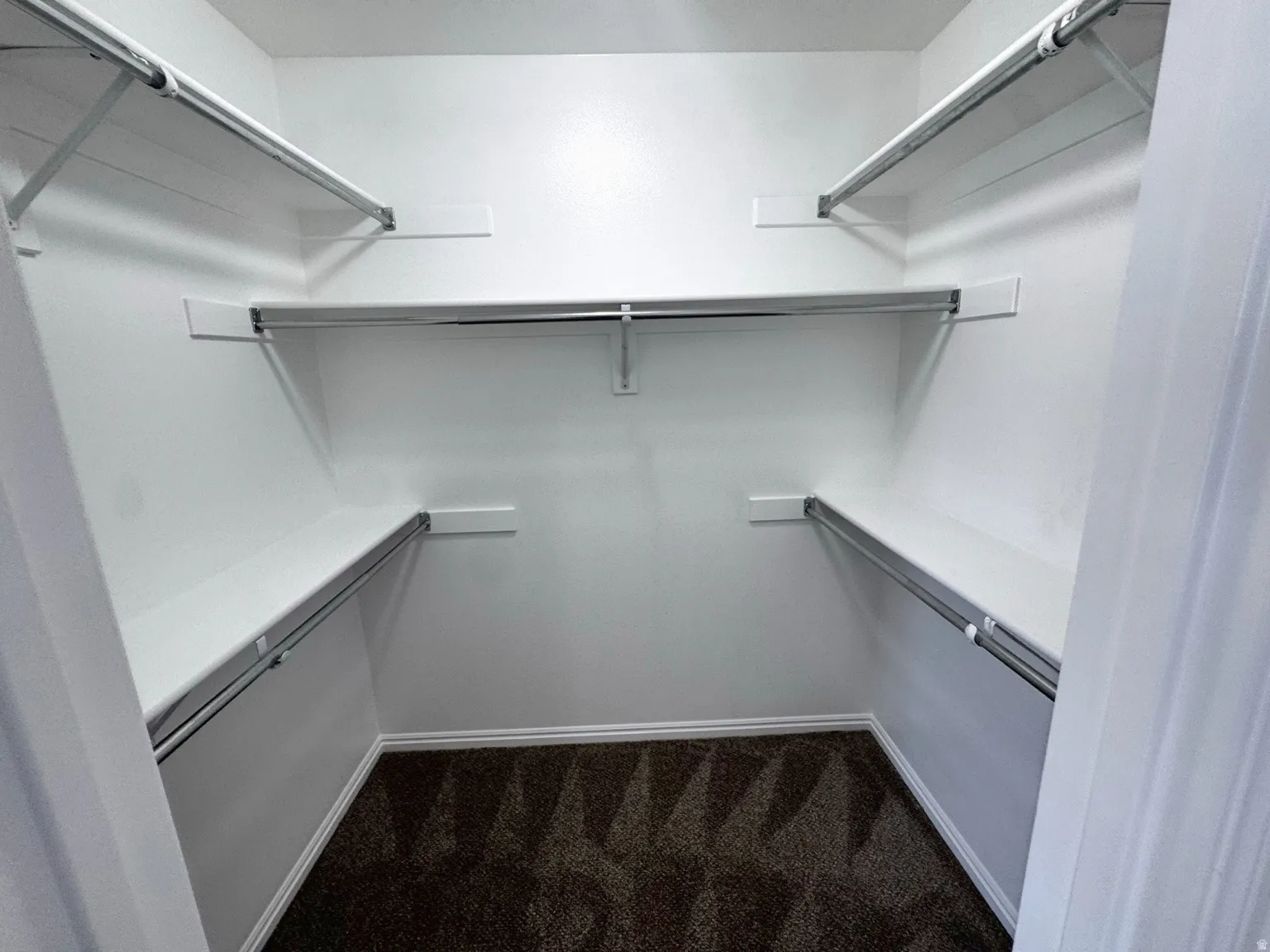 Spacious walk-in closet featuring multiple shelving units with metal brackets, overhead storage rails, and carpeted flooring throughout