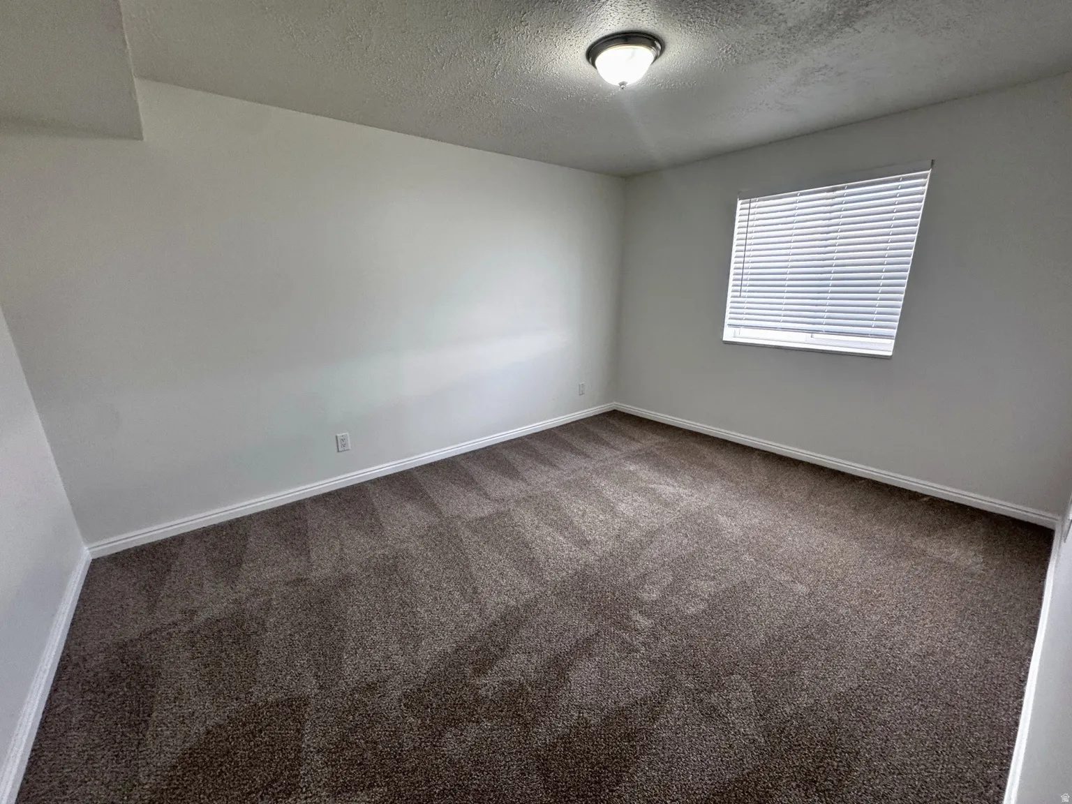 Neutral wall paint, textured ceiling, window with blinds, overhead flush mount light fixture, and patterned carpet flooring
