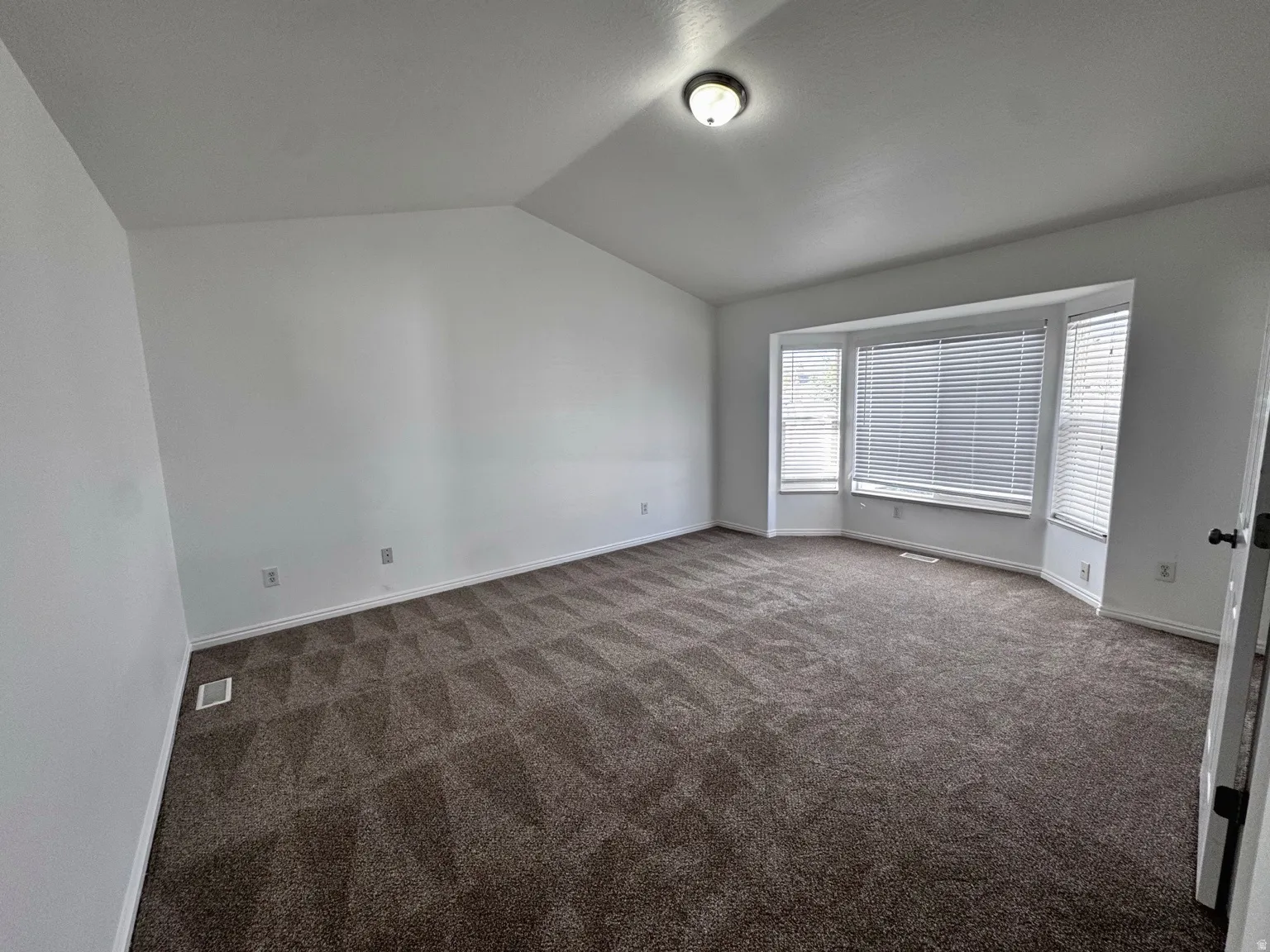 Vaulted ceiling with a flush-mount light fixture, bay window with blinds, and patterned carpeting