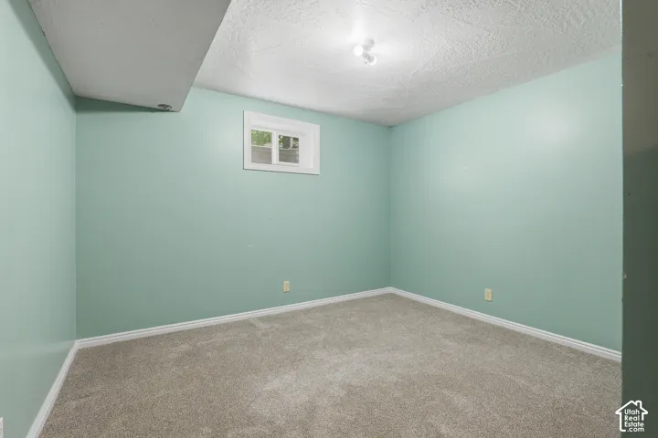 Carpeted flooring, light green painted walls, white trim, recessed window, and ceiling-mounted light fixture